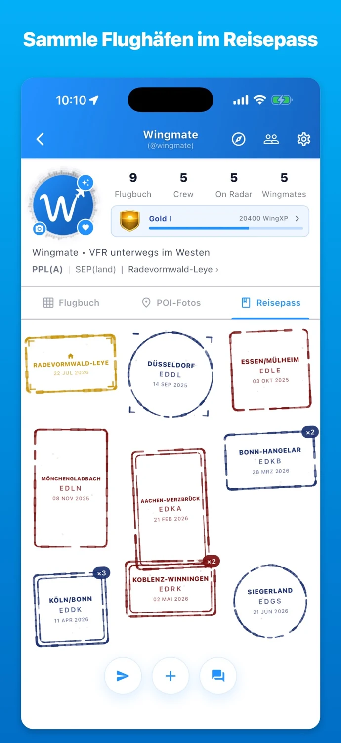 Digitaler Piloten-Reisepass mit Flugplatzstempeln